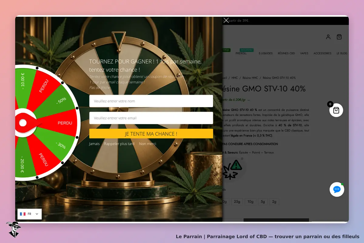 Lord of CBD : roue de chance avec formulaire pour entrer nom et email, produit à droite