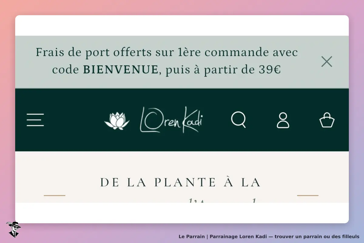 Loren Kadi : bandeau supérieur avec message sur les frais de port et logo du site