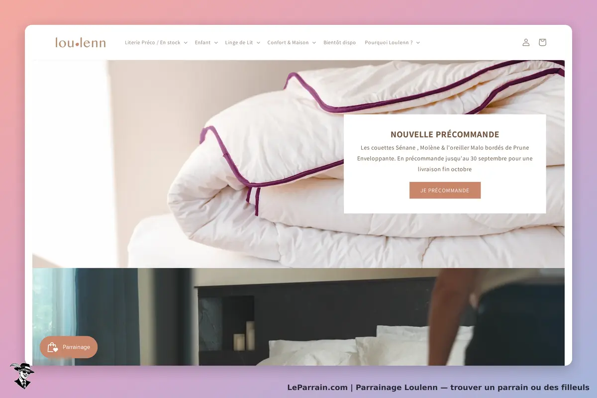 Loulenn : page d'accueil avec couettes et oreillers sur un lit, bouton de précommande visible