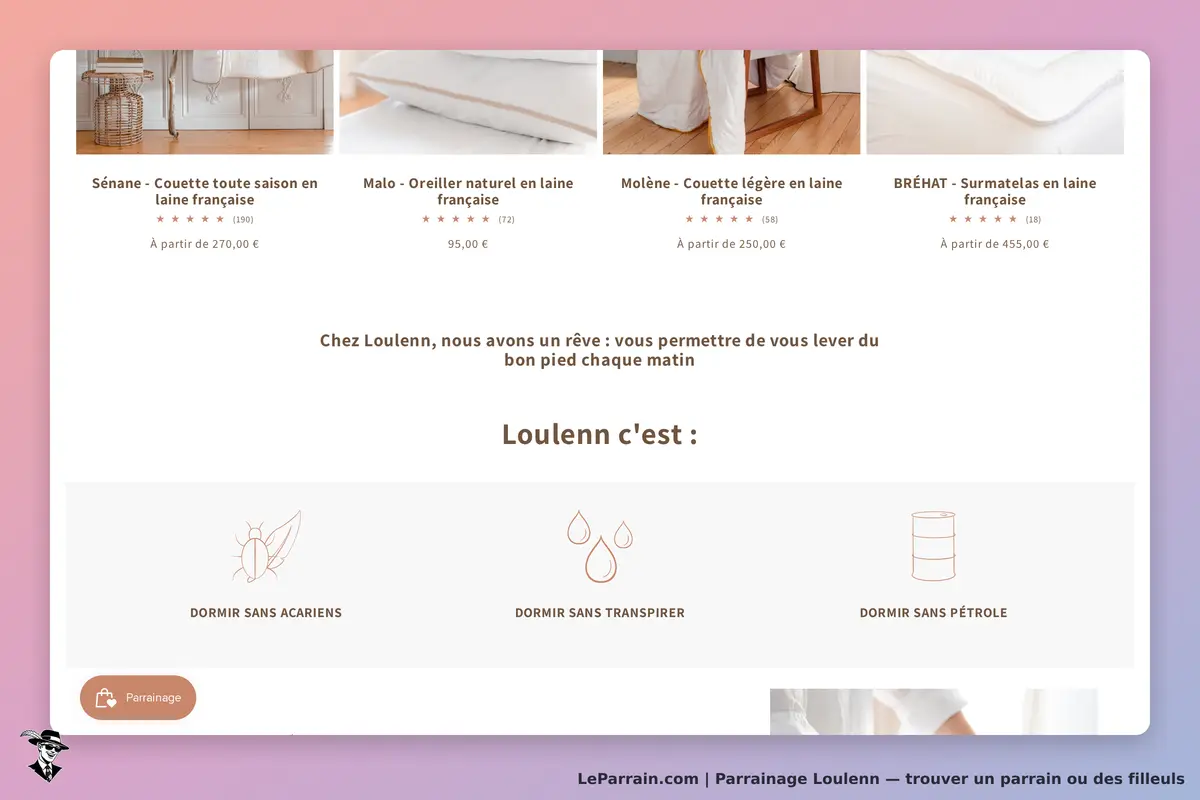 Loulenn : page d'accueil avec produits en laine et description des avantages de sommeil
