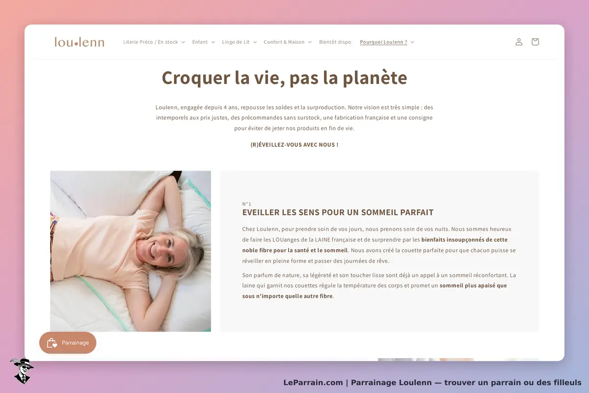 Loulenn : page d'accueil présentant un produit de literie avec une femme souriante sur un lit