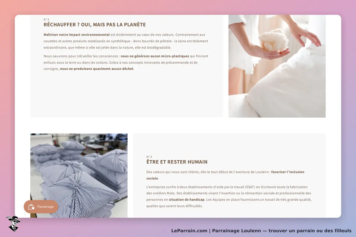 Loulenn : texte sur les valeurs environnementales et sociales avec images de produits en laine