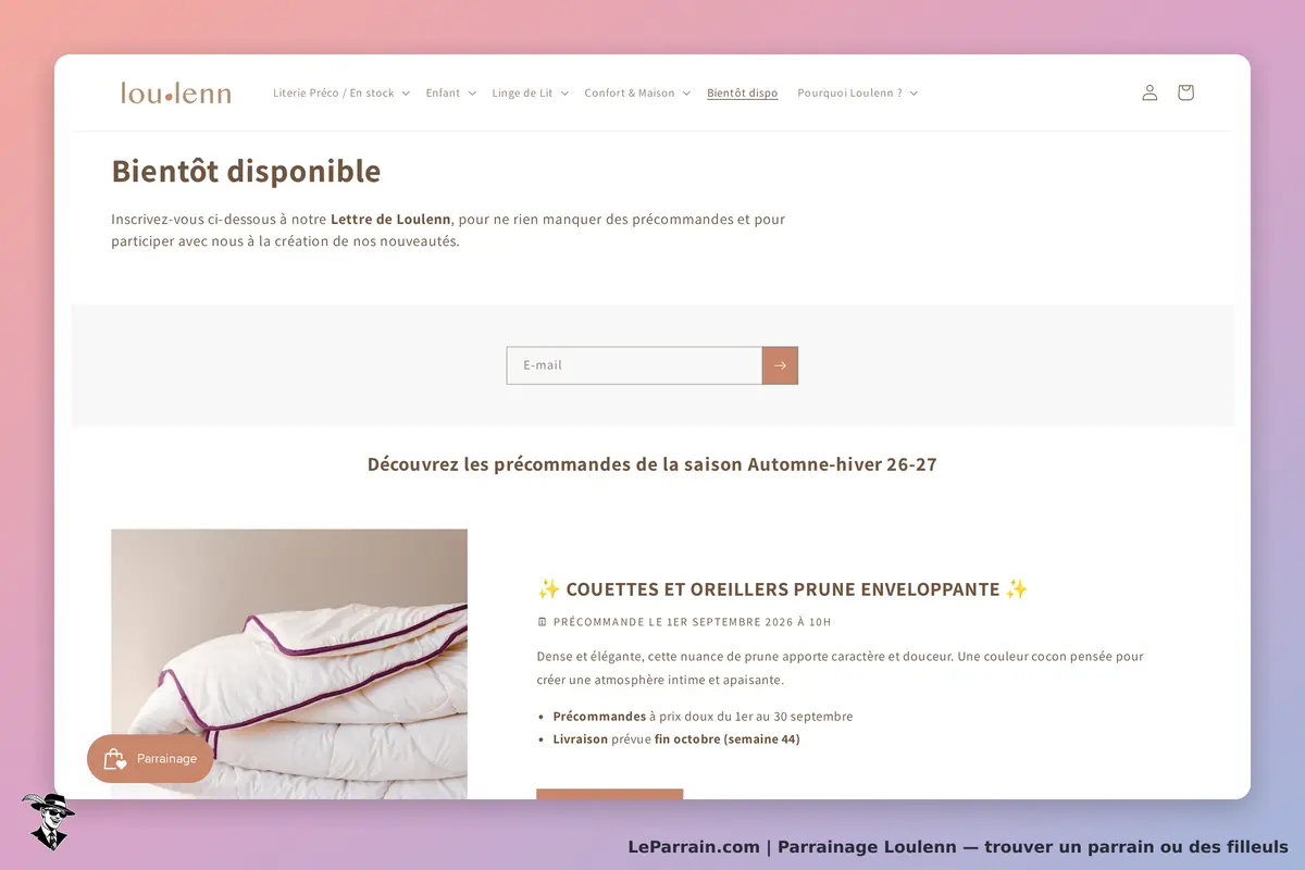 Loulenn : page d'accueil avec inscription à la lettre d'information et précommandes de produits