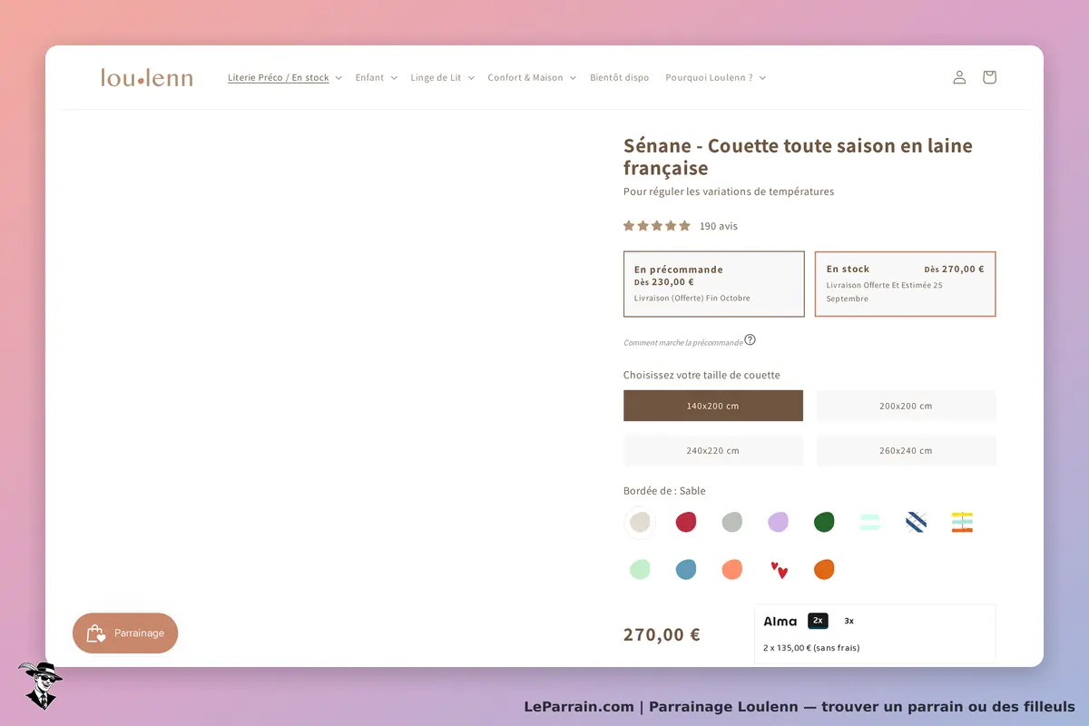 Loulenn : page produit affichant une couette en laine, options de taille et coloris disponibles