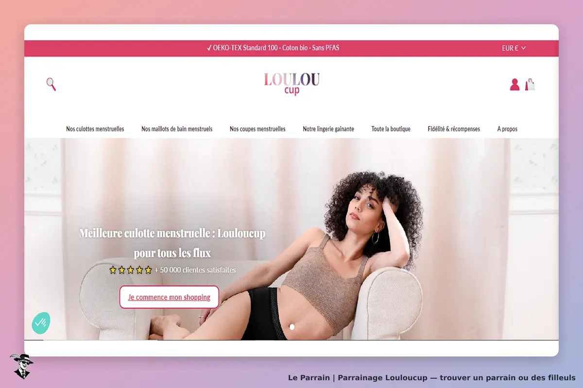 Louloucup : page d'accueil avec une femme portant une culotte menstruelle sur un canapé
