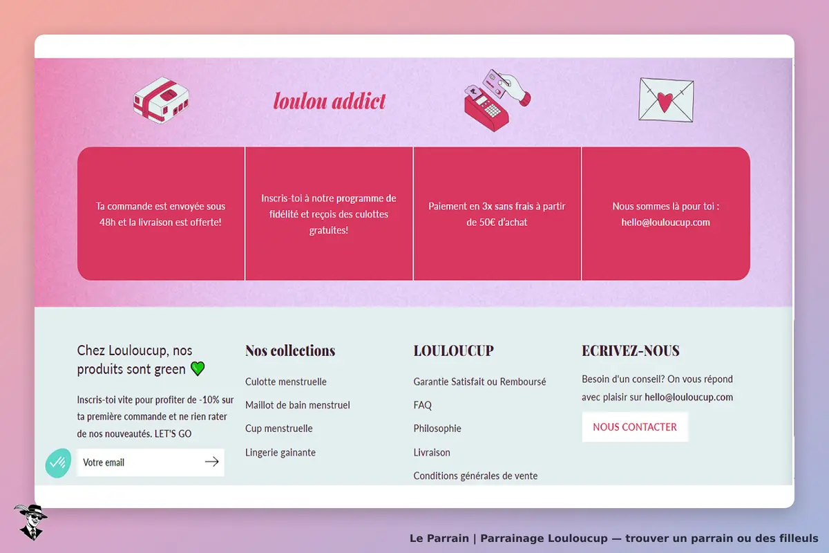 Louloucup : page d'accueil avec informations sur la commande et les collections de produits