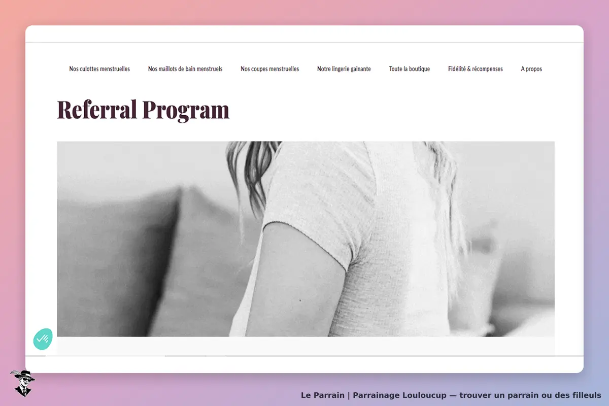 Louloucup : page du programme de parrainage avec une image en noir et blanc d'une personne