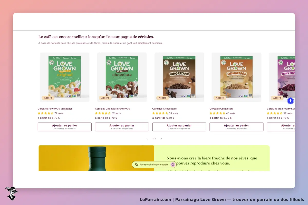Love Grown : page d'accueil montrant divers produits céréaliers avec évaluations et options d'ajout
