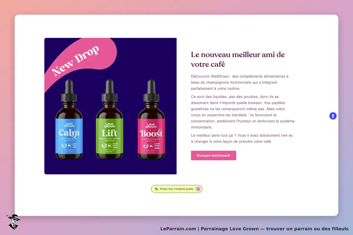Love Grown : trois flacons de compléments alimentaires avec étiquettes Calm, Lift et Boost