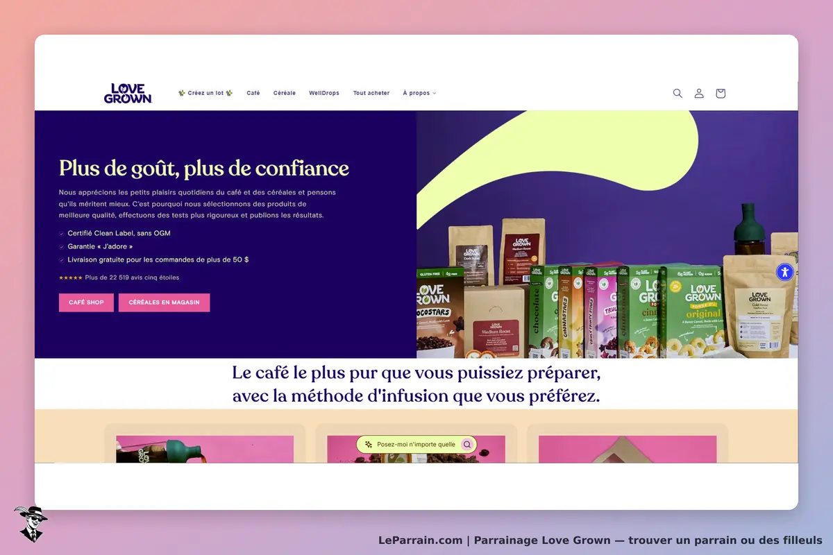 Love Grown : page d'accueil avec produits alimentaires et texte sur la qualité et la confiance