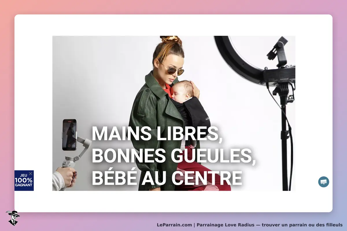 Love Radius : femme portant un bébé, slogan sur fond clair avec un éclairage professionnel