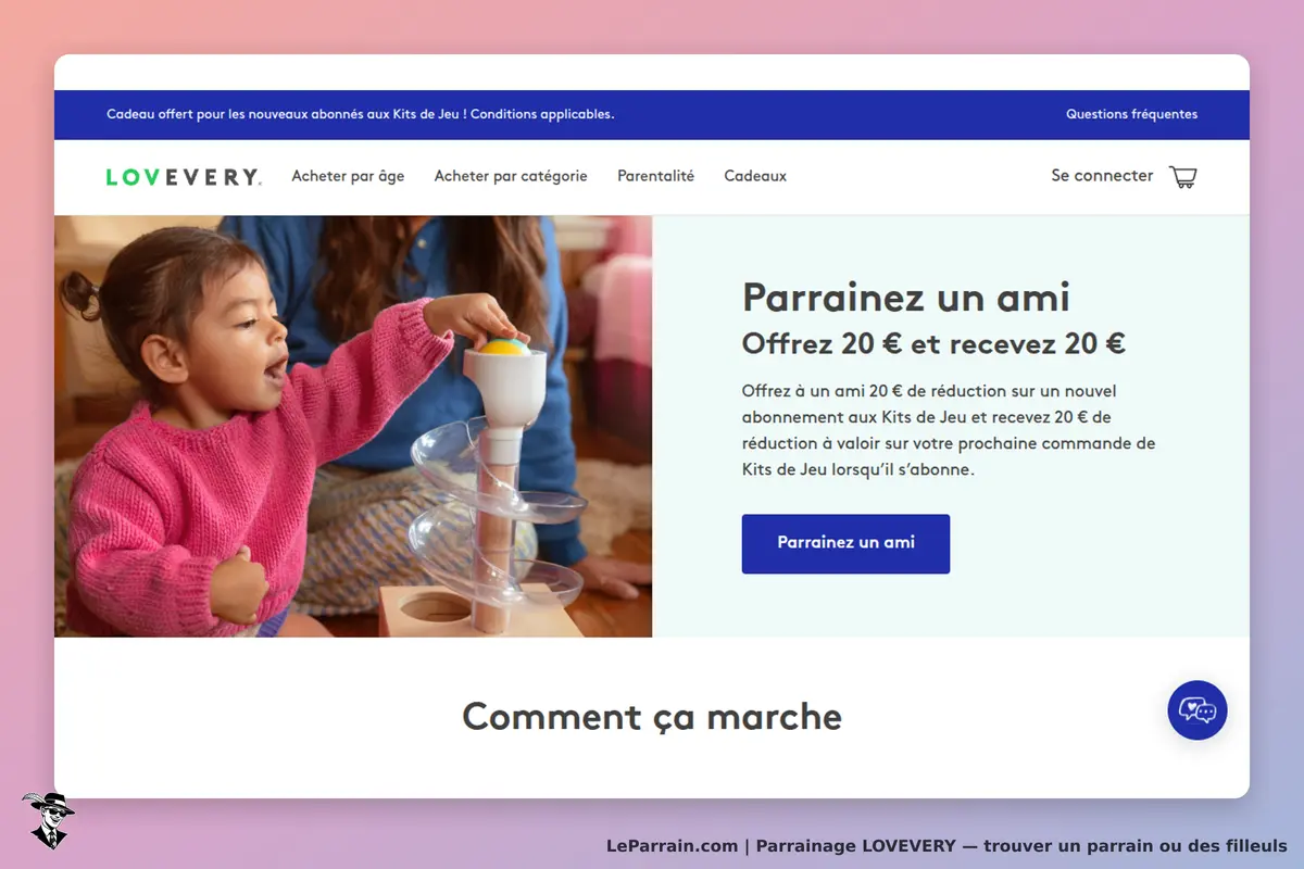 LOVEVERY : page d'accueil avec une enfant jouant et un encadré sur le parrainage d'ami