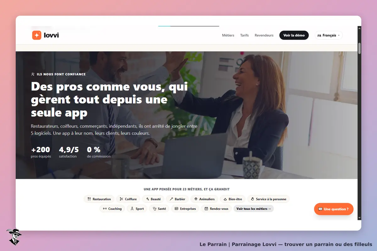lovvi : page d'accueil présentant une application pour professionnels avec une image de personnes