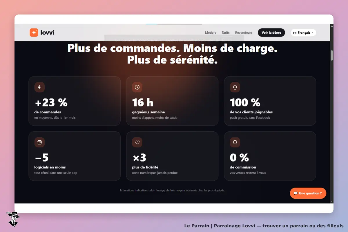 Lovvi : page d'accueil présentant des statistiques et avantages sur fond sombre