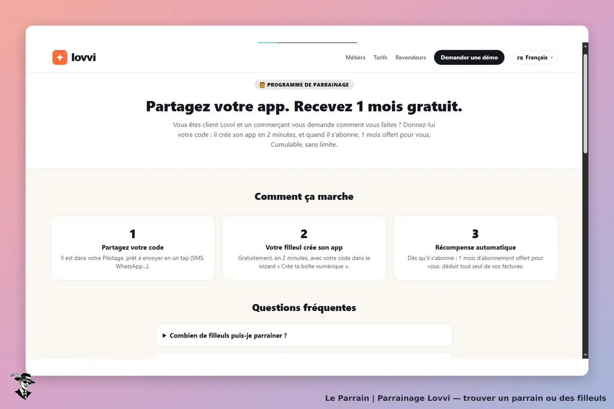 Lovvi : page d'accueil présentant le programme de parrainage et les étapes à suivre