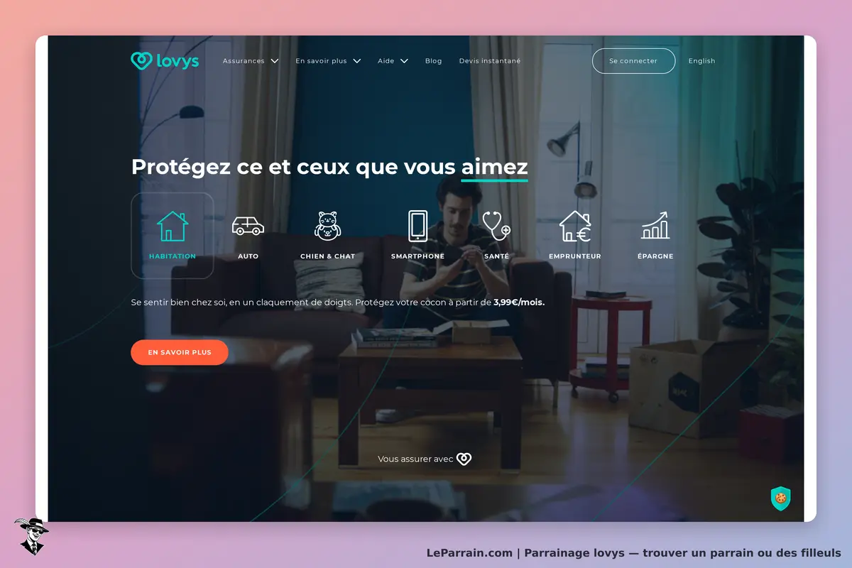 lovys : page d'accueil présentant divers types d'assurances avec un homme sur un canapé