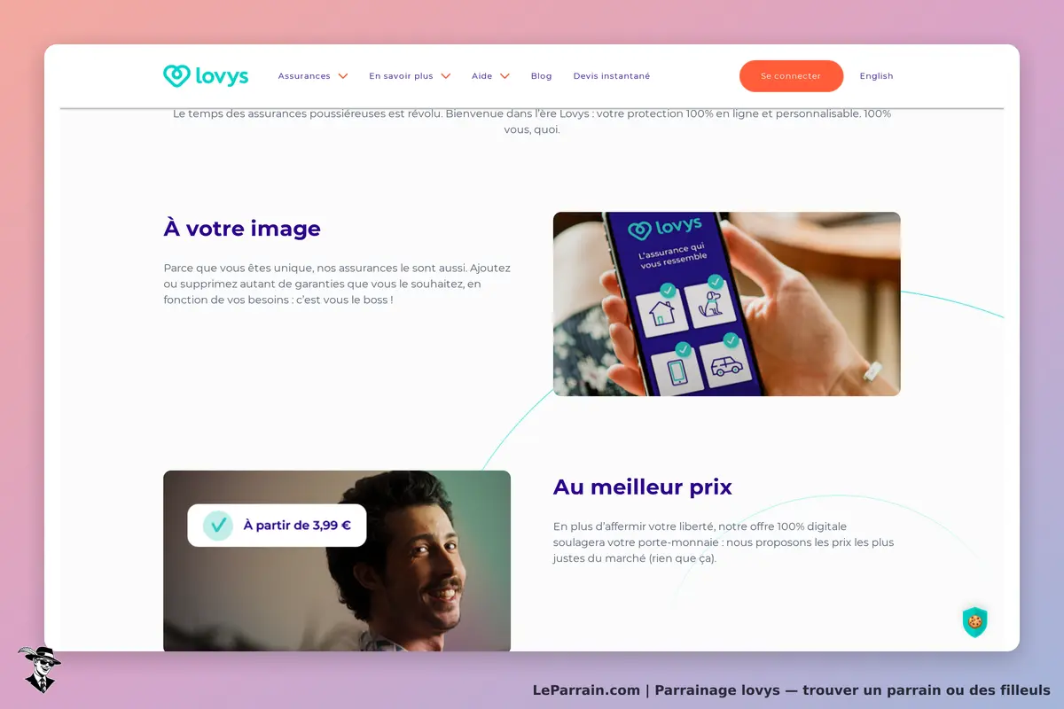 lovys : page d'accueil présentant des assurances personnalisables et un téléphone affichant des