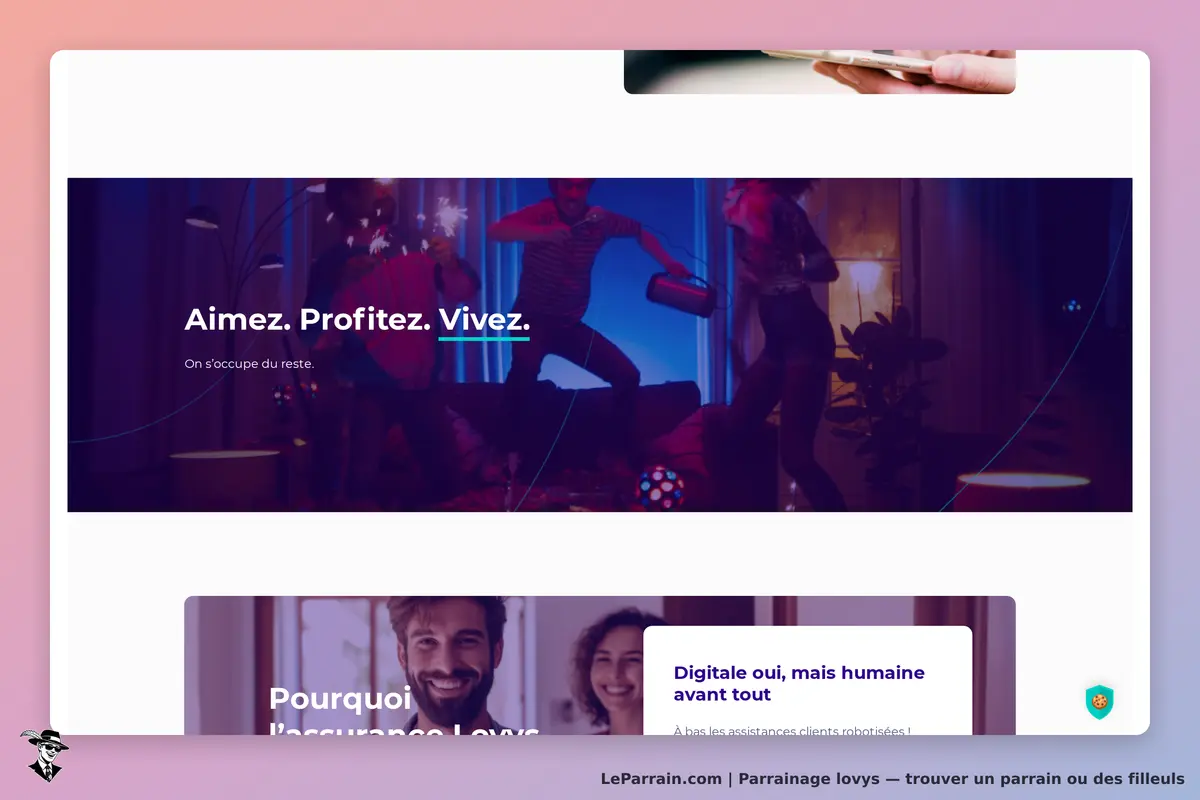 lovys : page d'accueil avec un visuel festif et des slogans motivants