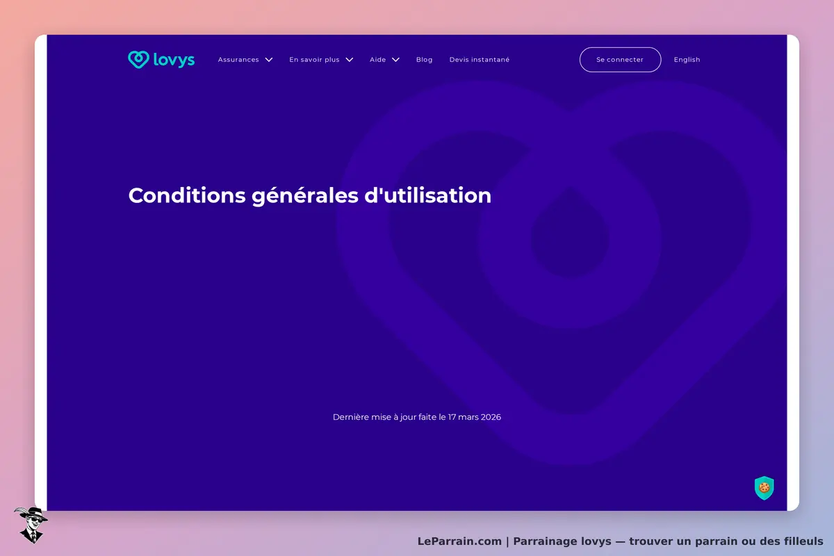 lovys : conditions générales d'utilisation sur fond violet avec date de mise à jour en bas