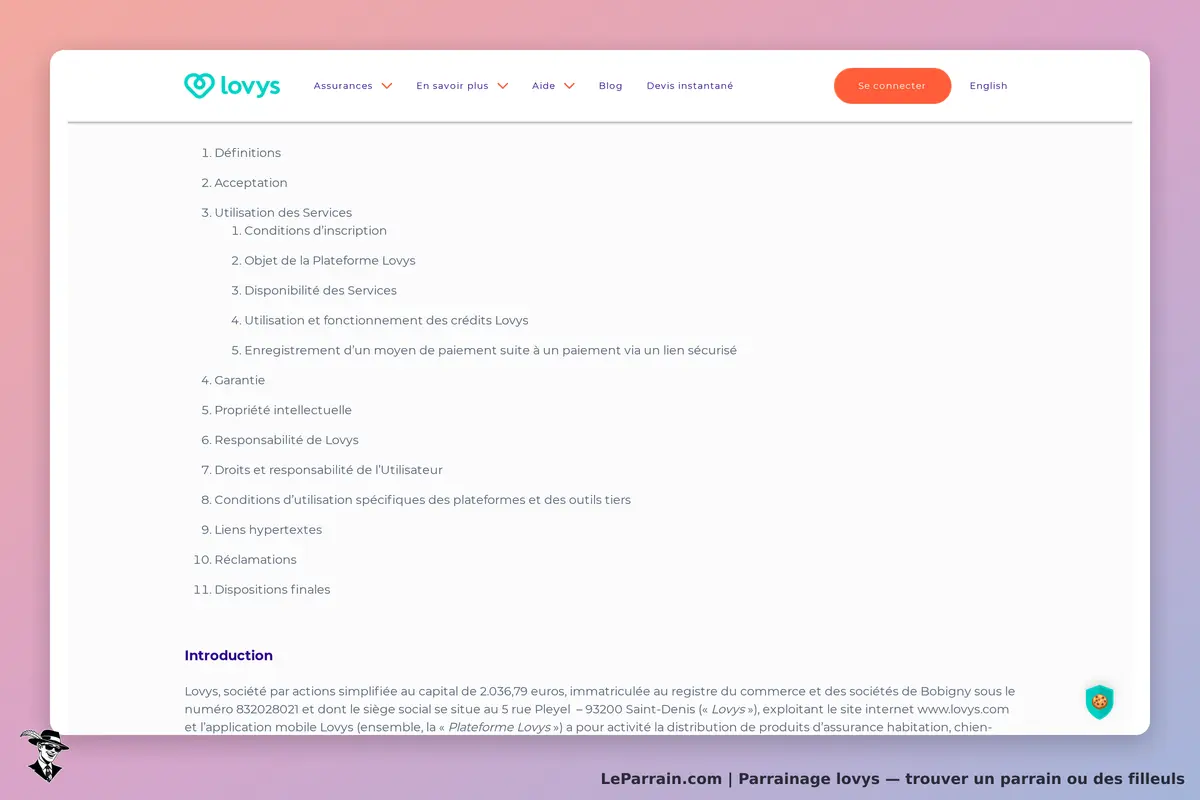 lovys : liste des sections des conditions d'utilisation et introduction de la plateforme