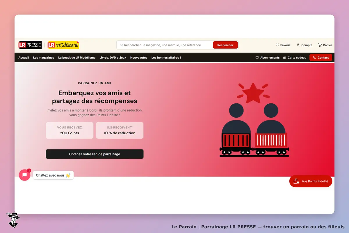 LR PRESSE : page d'accueil avec programme de parrainage et illustrations de récompenses