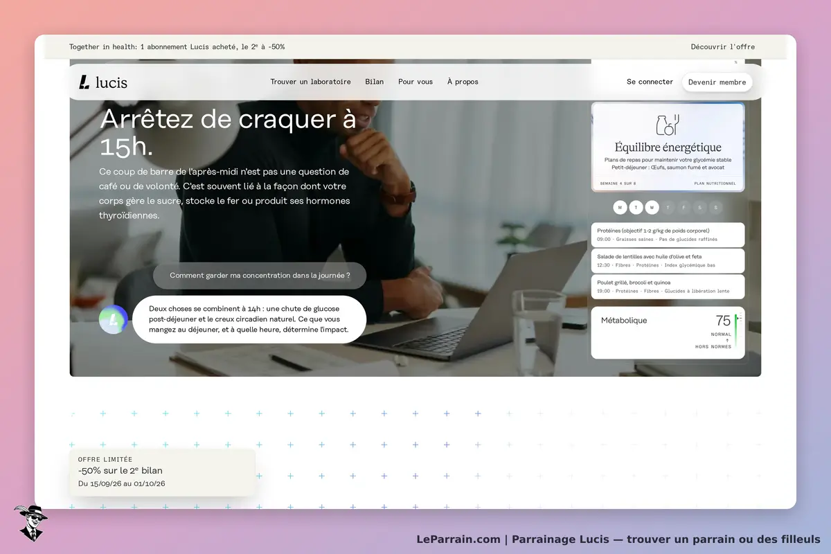 Lucis : page d'accueil avec conseils nutritionnels et équilibre énergétique affiché
