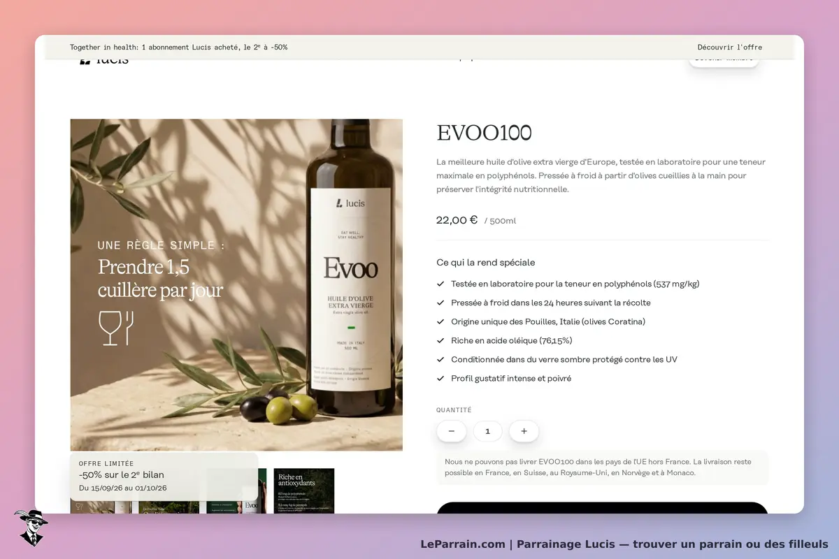 Lucis : page catégorie présentant l'huile d'olive extra vierge EVOO100 et ses caractéristiques