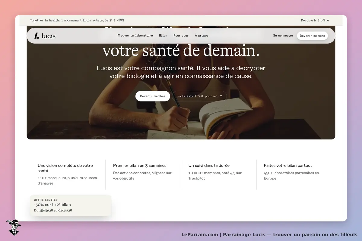 Lucis : page d'accueil présentant des services de santé et un formulaire d'inscription