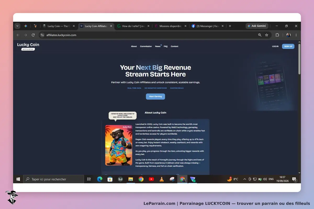 LUCKYCOIN : page d'accueil présentant un programme d'affiliation et des informations sur la