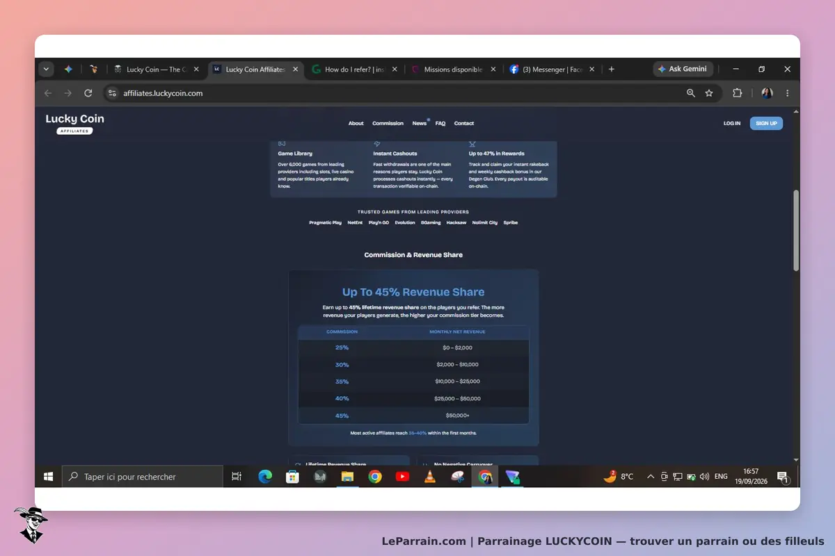 LUCKYCOIN : page d'accueil avec informations sur les commissions et le partage de revenus