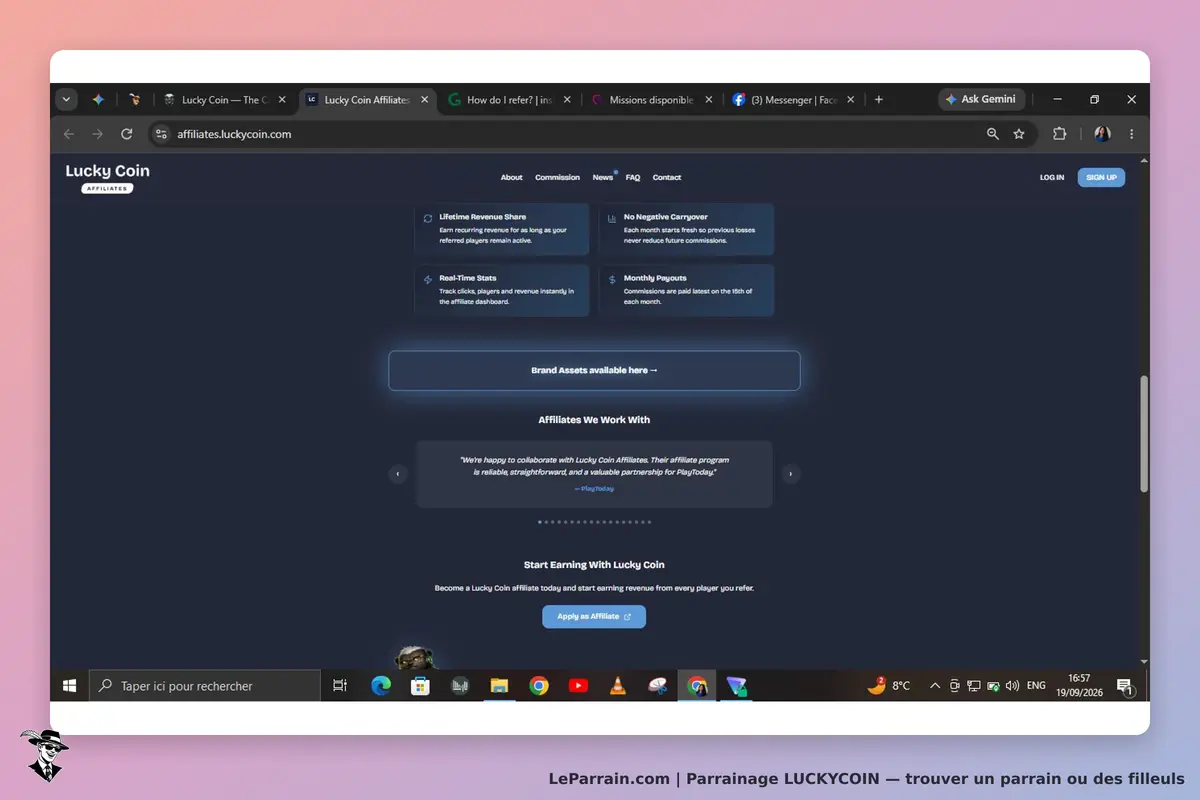 LUCKYCOIN : page d'accueil avec informations sur le programme d'affiliation et témoignages