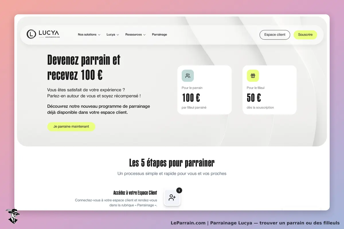 Lucya : page d'accueil avec programme de parrainage et informations sur les récompenses