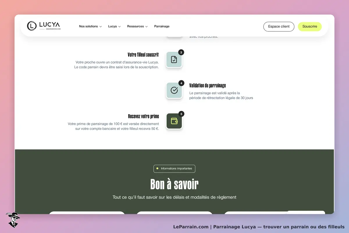 Lucya : section sur le parrainage avec étapes et informations importantes en bas de page