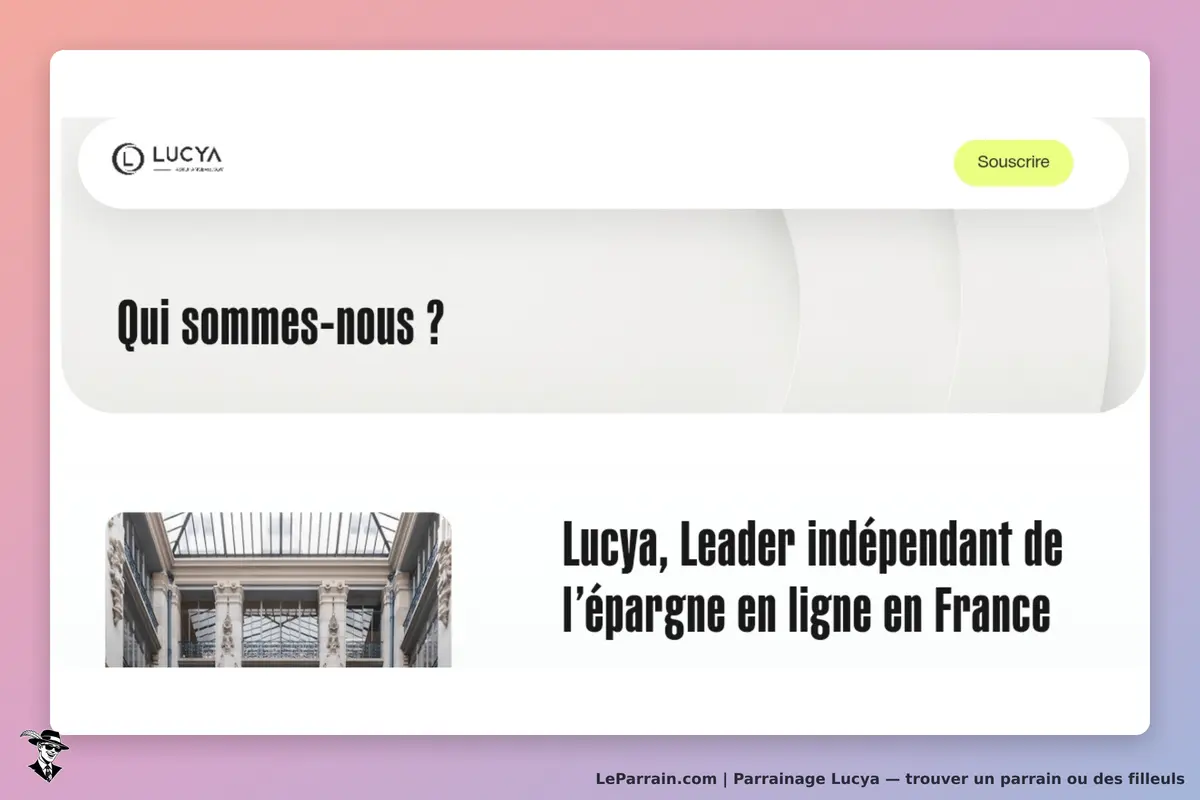 Lucya : page d'accueil avec le logo, un titre et une image d'architecture en dessous