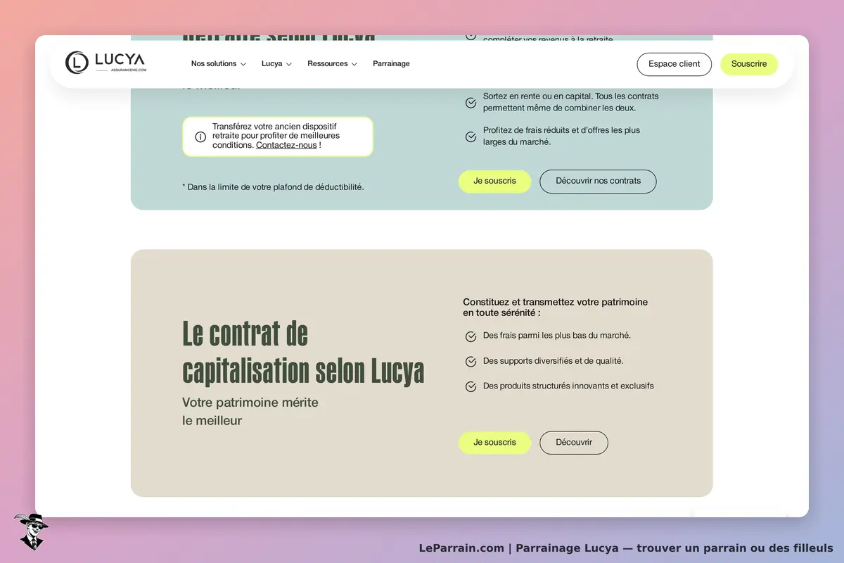 Lucya : page d'accueil présentant le contrat de capitalisation et ses avantages