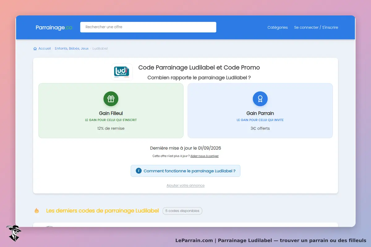 Parrainage.co : page sur le parrainage Ludilabel avec gains pour filleul et parrain