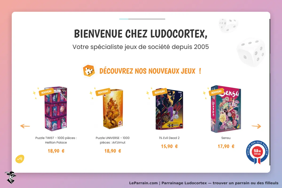 Ludocortex : page d'accueil avec des jeux de société et des puzzles affichés