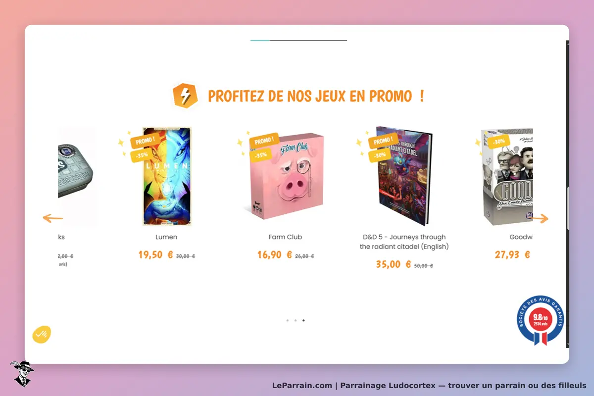 Ludocortex : page d'accueil avec jeux en promotion et prix affichés sous chaque produit