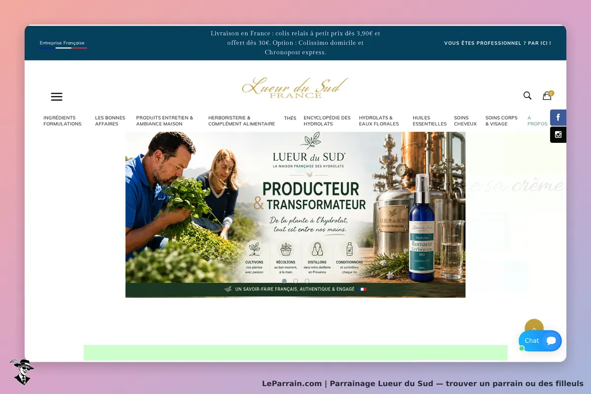 Lueur du Sud : page d'accueil avec des producteurs et des hydrolats en présentation