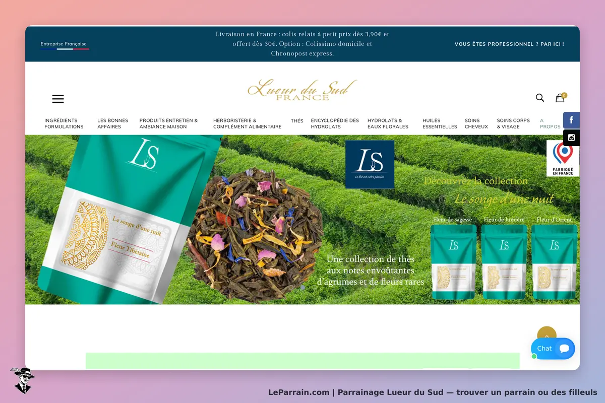 Lueur du Sud : page d'accueil avec présentation de thés et visuel de produits en sachets