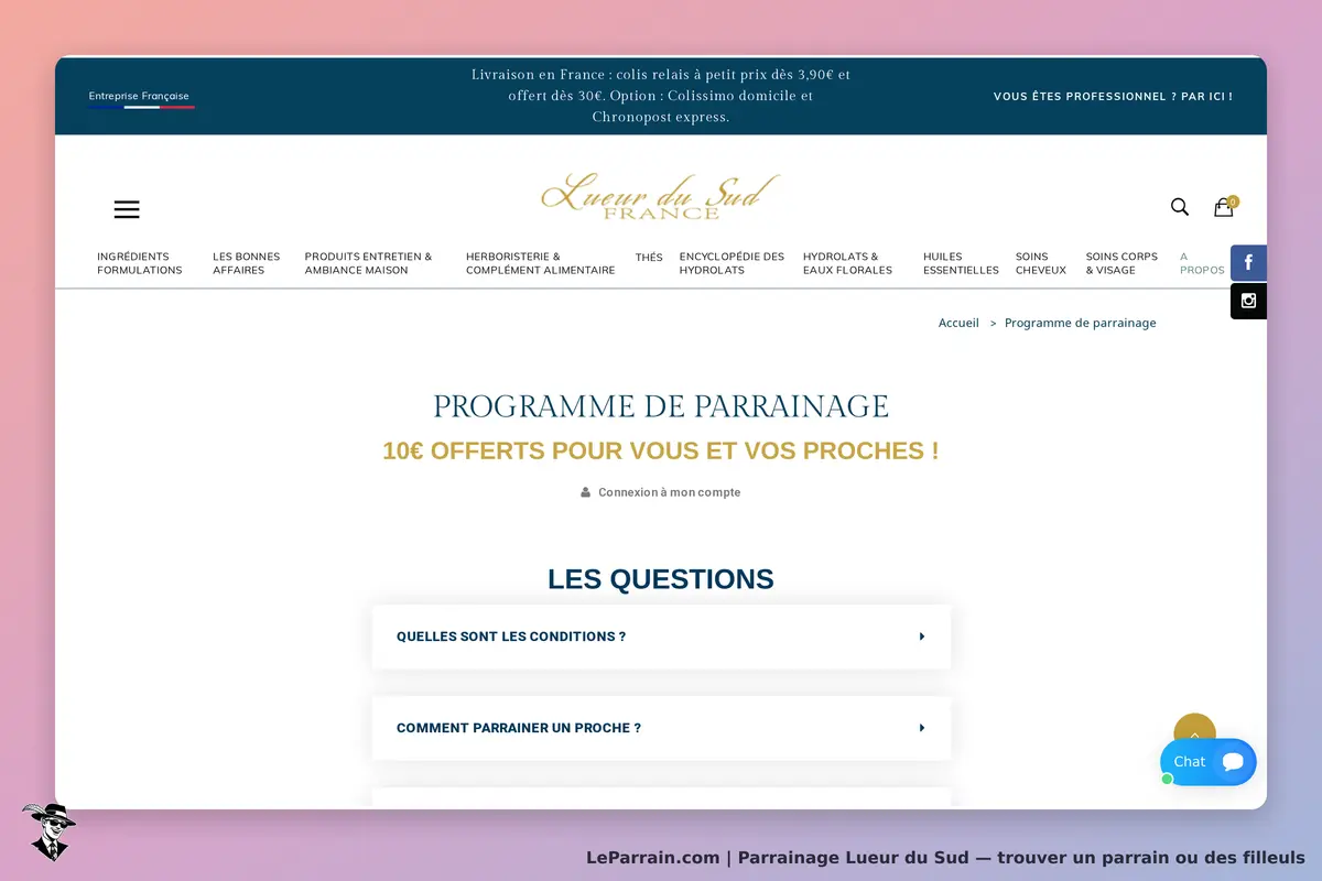 Lueur du Sud : page du programme de parrainage avec questions fréquentes et connexion au compte
