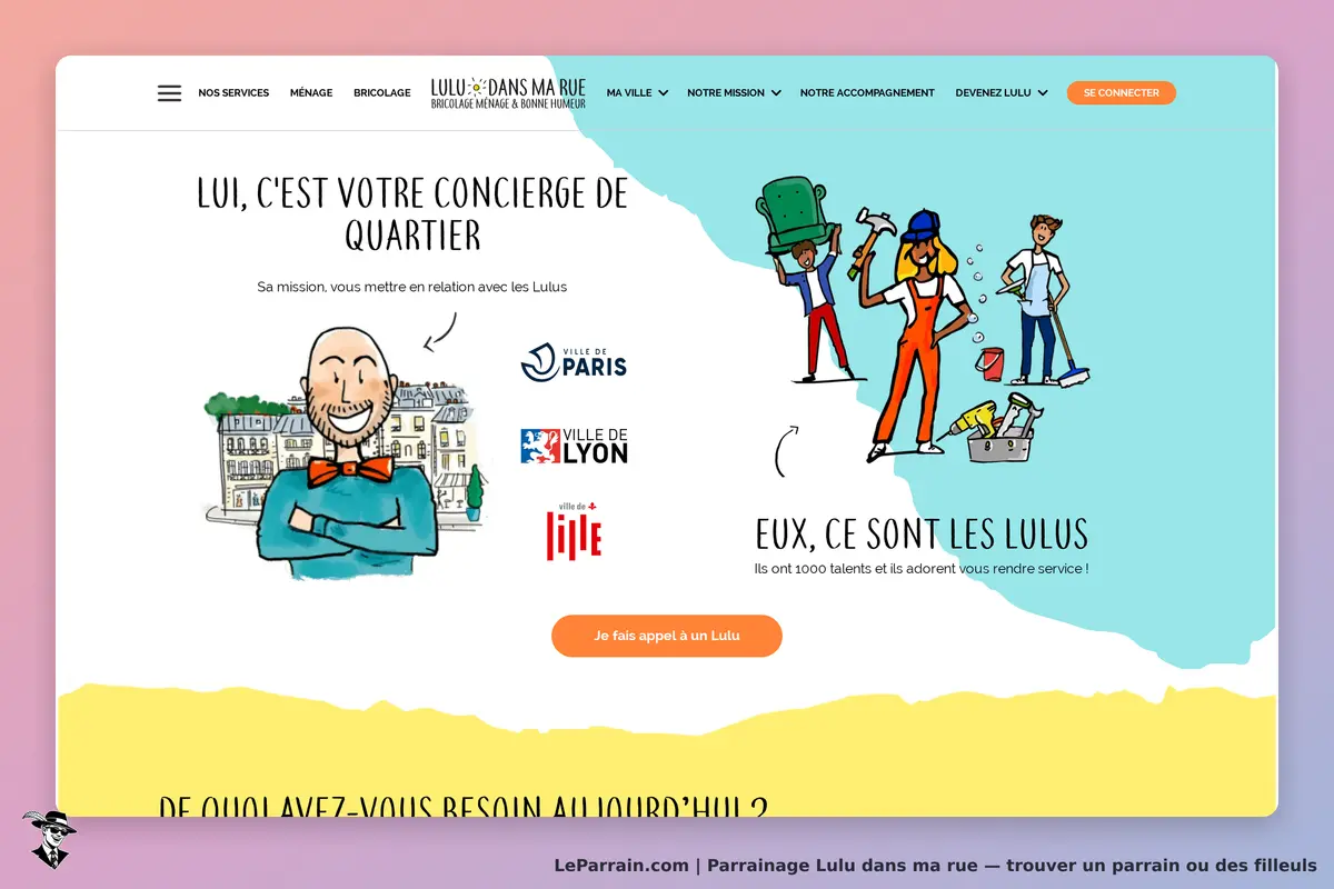 Lulu dans ma rue : page d'accueil avec un concierge et des illustrations de services variés