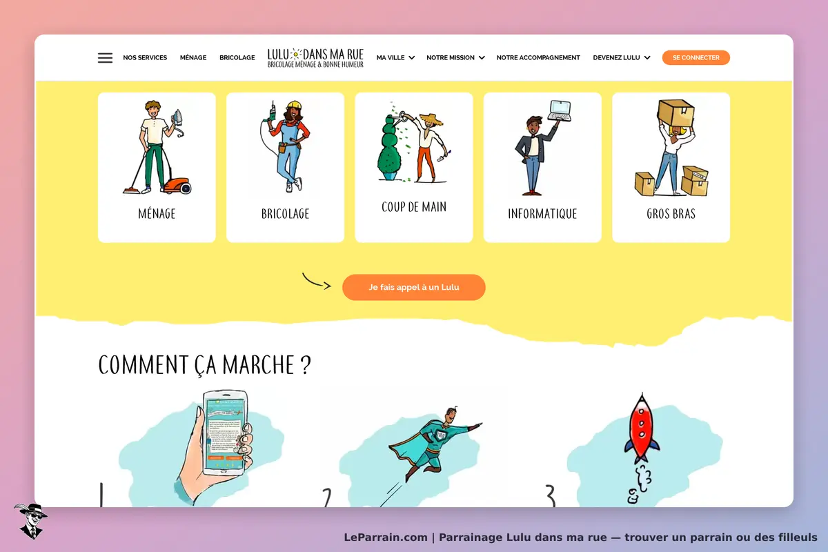 Lulu dans ma rue : page d'accueil avec services et étapes illustrées pour faire appel à un Lulu