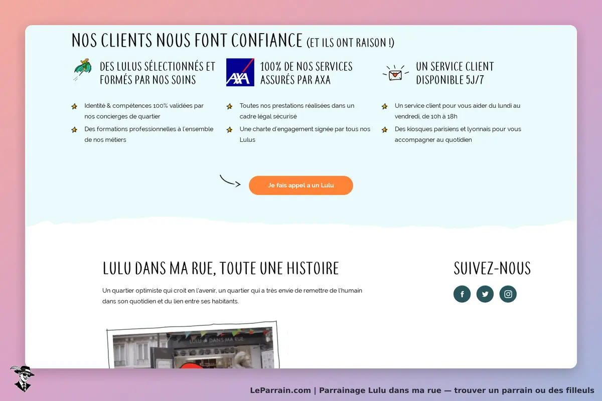 Lulu dans ma rue : page d'accueil avec informations sur les services et un bouton d'appel à l'aide