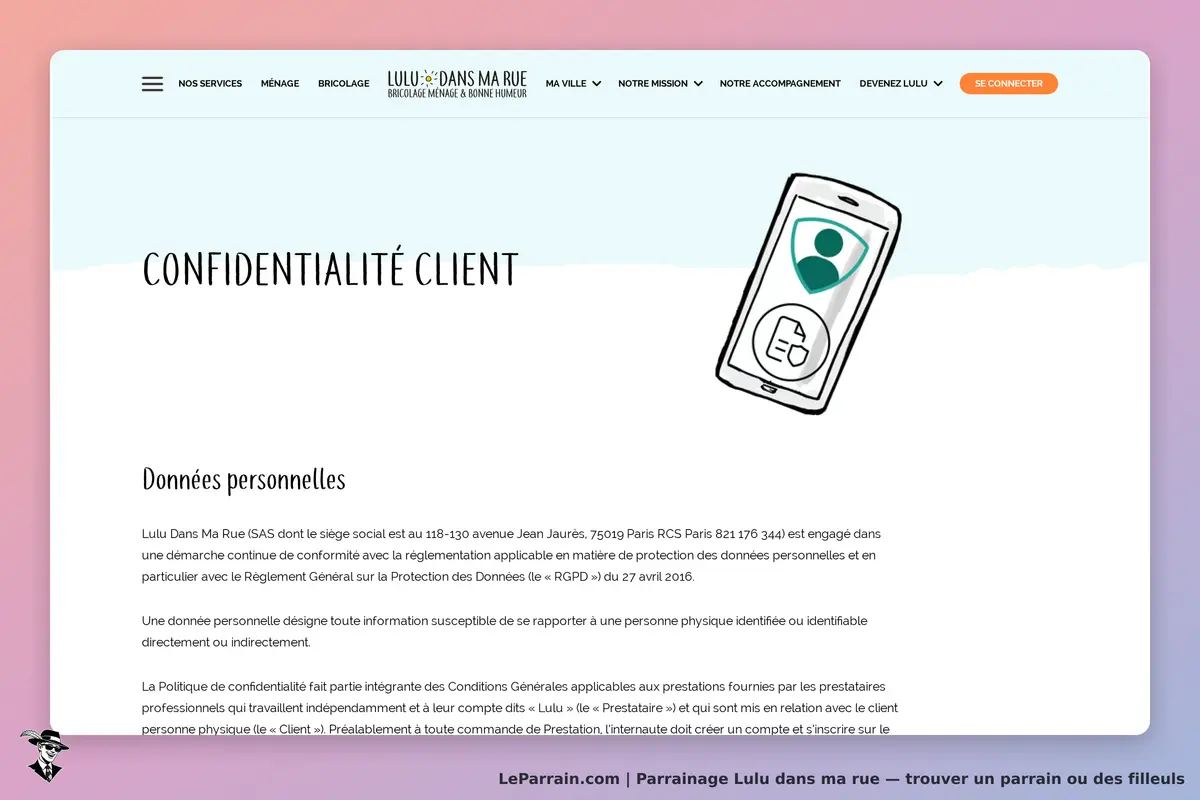 Lulu dans ma rue : page sur la confidentialité client avec texte explicatif et illustration de