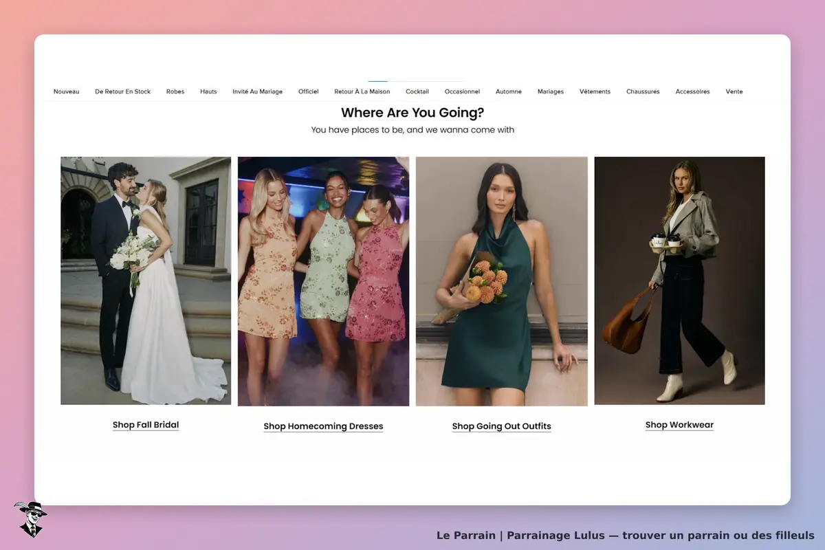 Lulus : page d'accueil présentant des robes pour mariages et sorties avec des modèles en photo