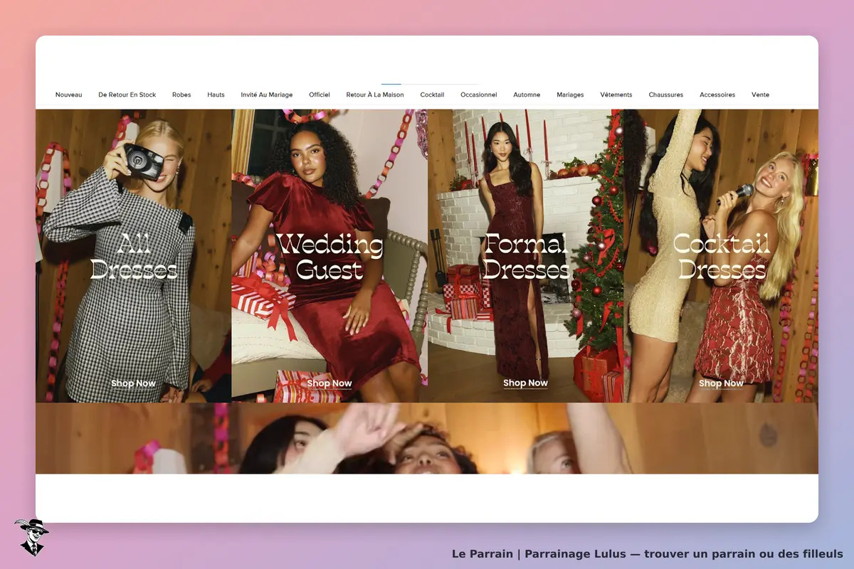 Lulus : page d'accueil présentant des robes pour divers événements avec des modèles en arrière-plan