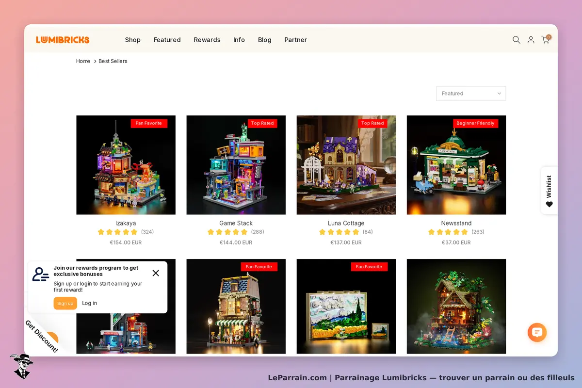 Lumibricks : page des meilleures ventes avec divers modèles de briques lumineuses affichés