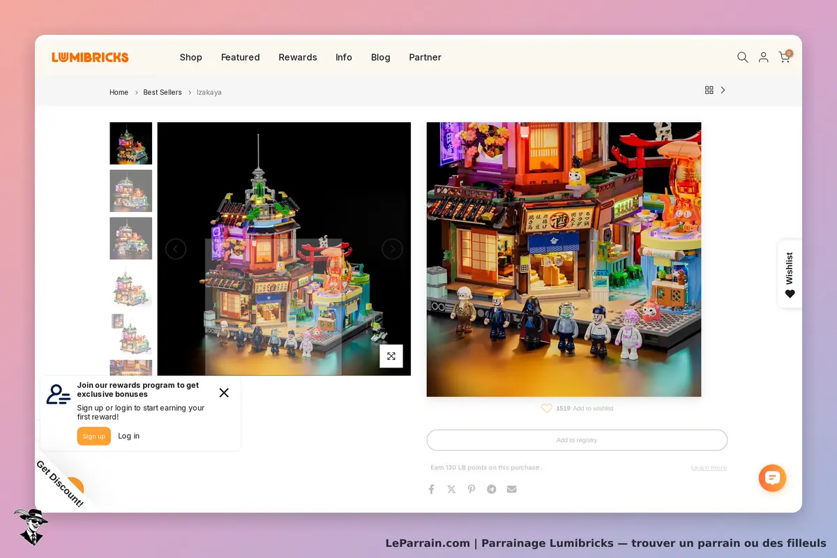 Lumibricks : modèle de bâtiment coloré avec figurines sur fond sombre et options de navigation