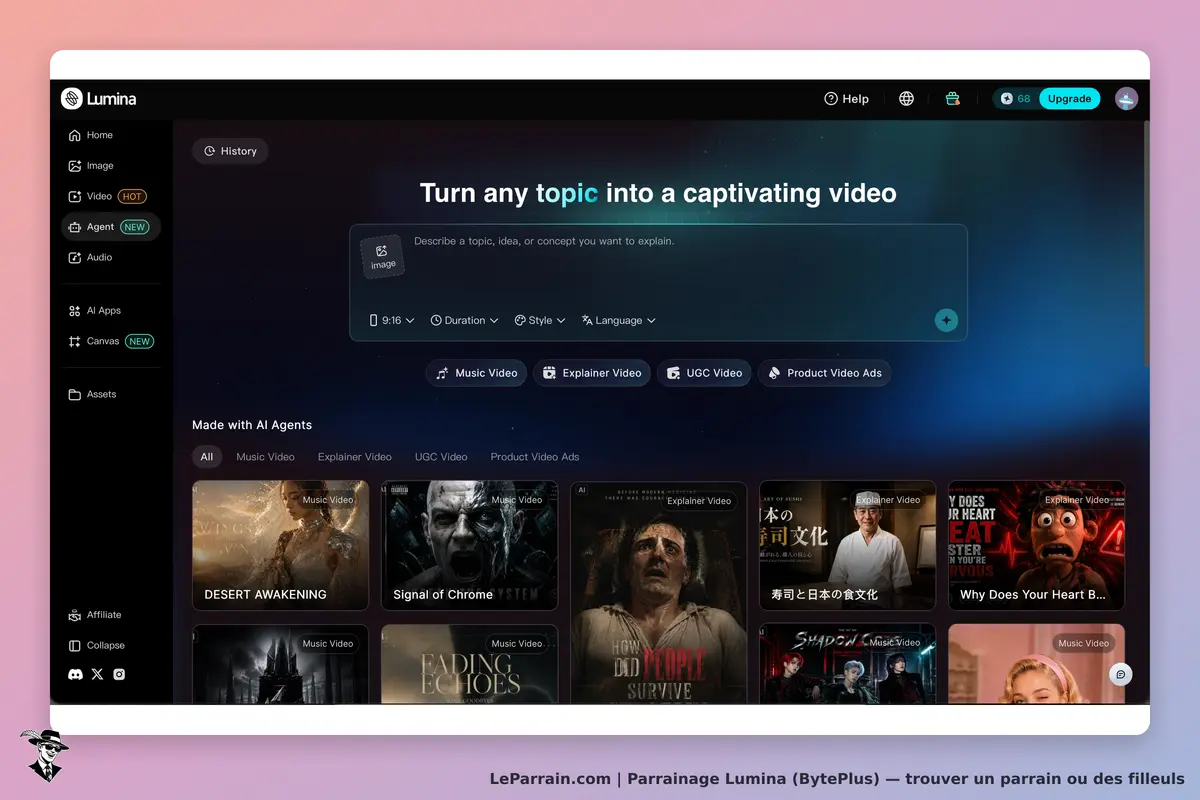 Lumina (BytePlus) : lumina : page d'accueil avec options pour créer des vidéos et exemples de